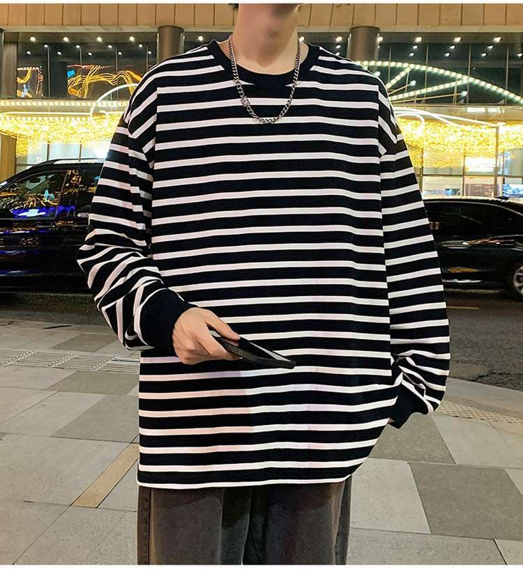 ゆったりオーバーサイズボーダーロングTシャツ ボーダー服