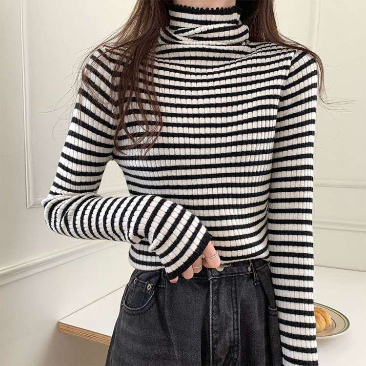 リブニット ボーダー タートルネック トップス ボーダー服