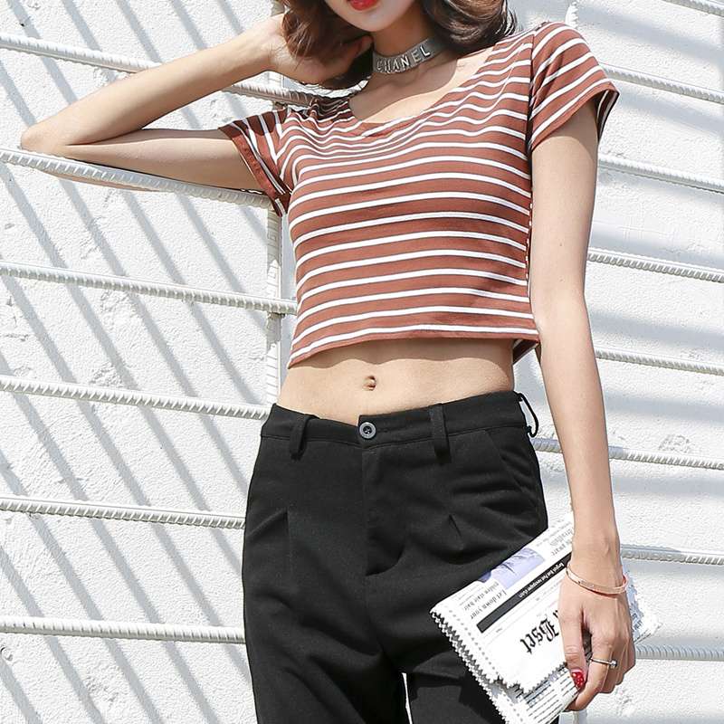 短め丈ボーダー柄半袖Tシャツ ボーダー服