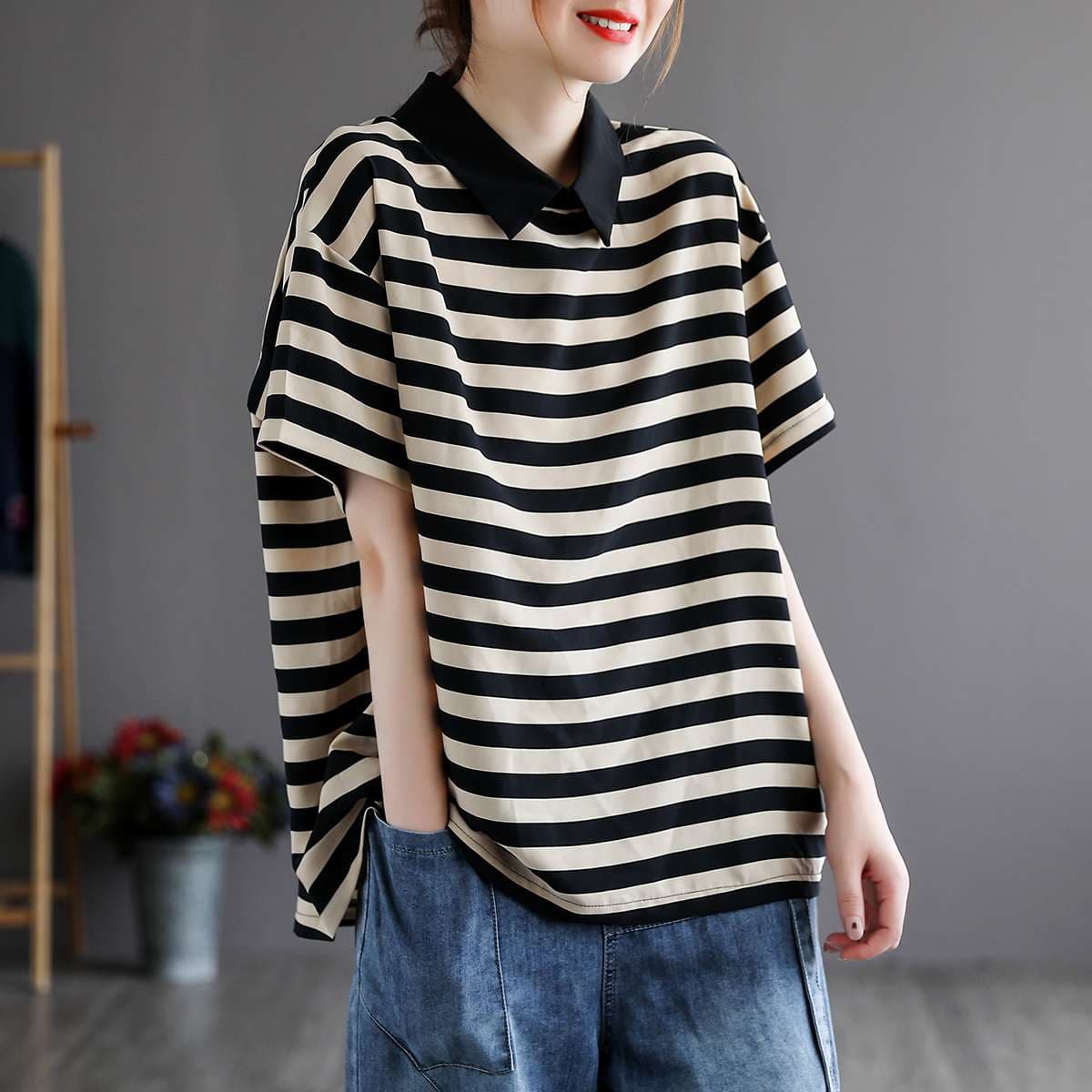 オーバーサイズポロカラーボーダートップス ボーダー服