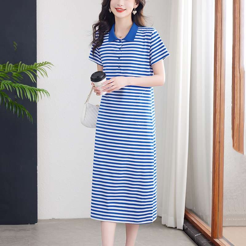 清涼感あふれる襟付きボーダーワンピース ボーダー服