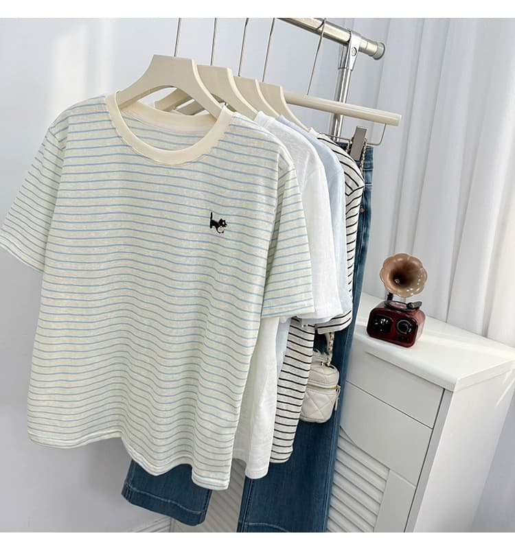 ボーダー服 ねこさん刺繍入りボーダーTシャツ