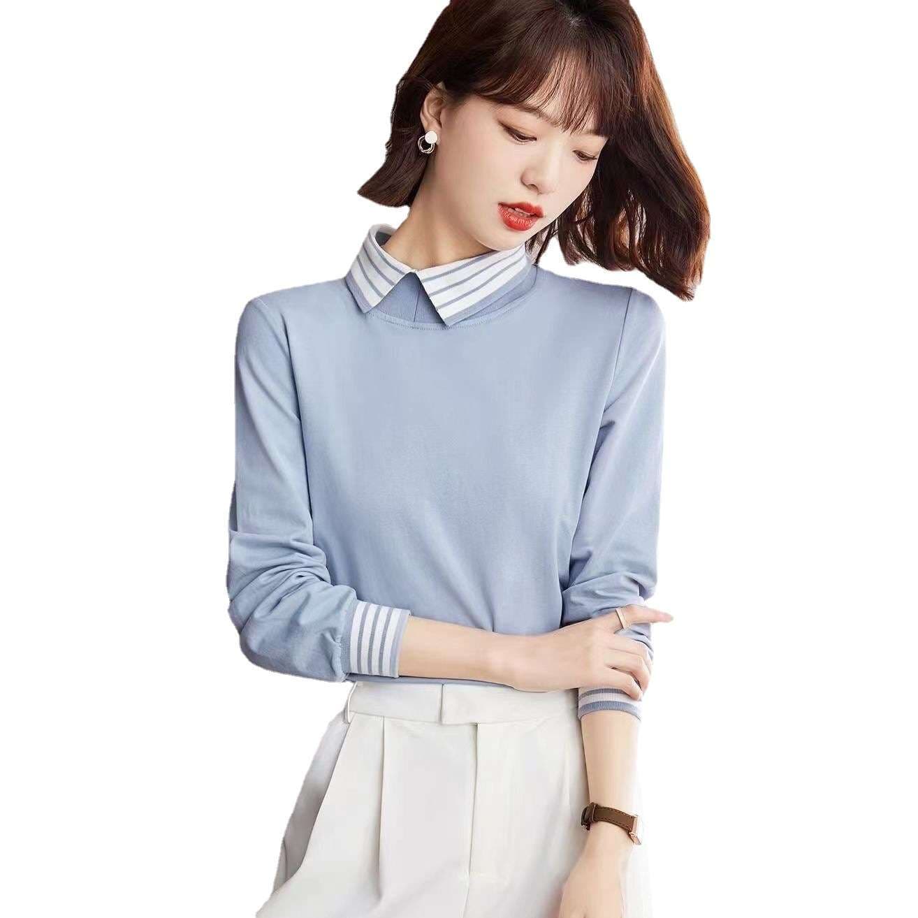 モダンストライプ襟デザイン長袖トップス ボーダー服