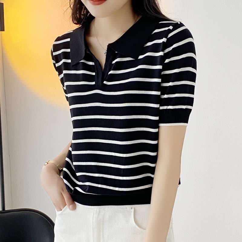 シンプル上品 夏のマリンスタイルポロシャツ ボーダー服