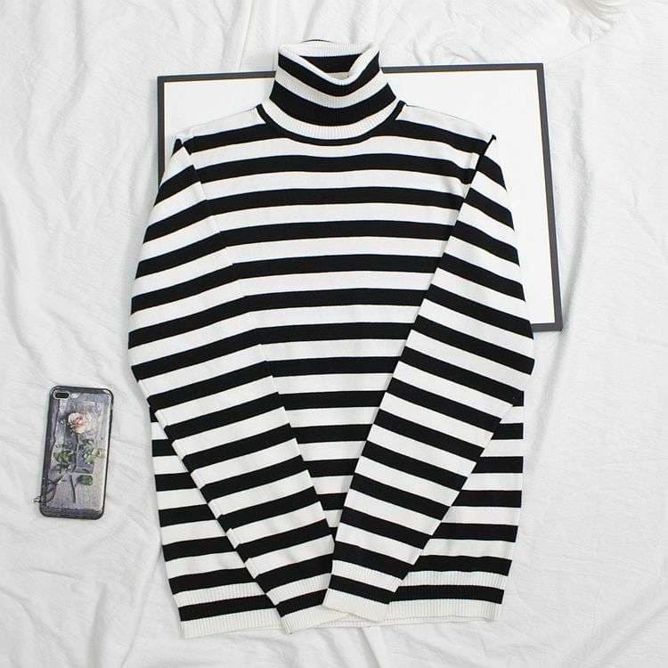 モノトーン太ボーダーのタートルネックセーター ボーダー服