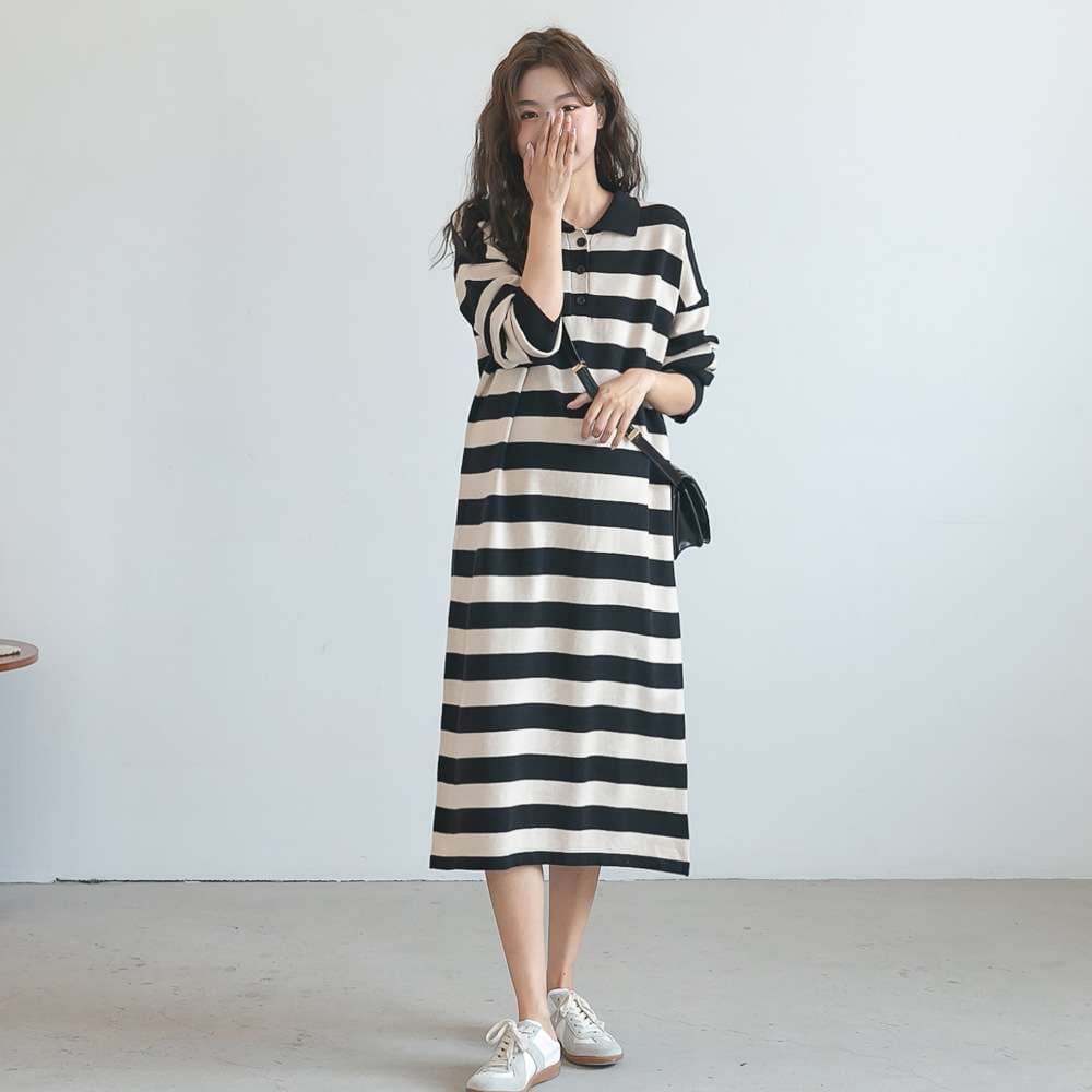ストライプ柄ポロカラーニットワンピース ボーダー服