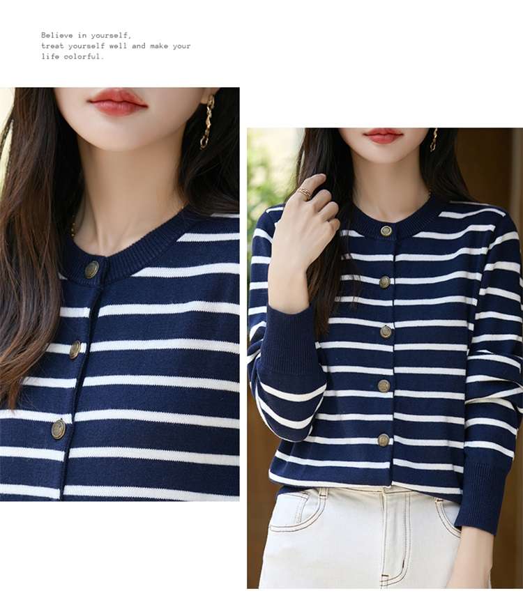 ボーダー柄クルーネックカーディガン ボーダー服