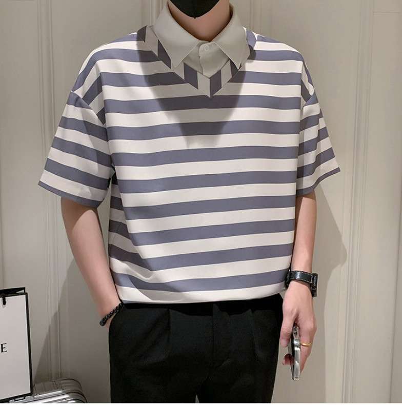 ボーダー柄カレッジ風半袖シャツ ボーダー服