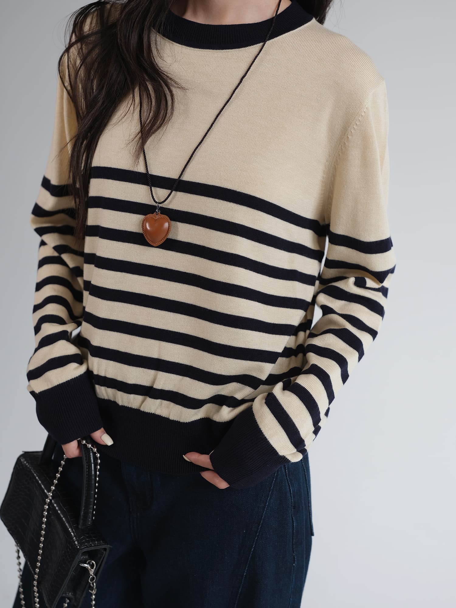 ボーダー服 ボーダー服 ハートペンダント付きボーダーニット