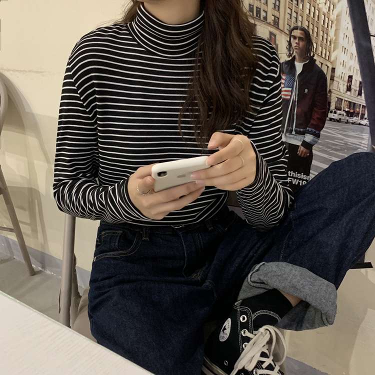 シンプルボーダータートルネック長袖トップス ボーダー服
