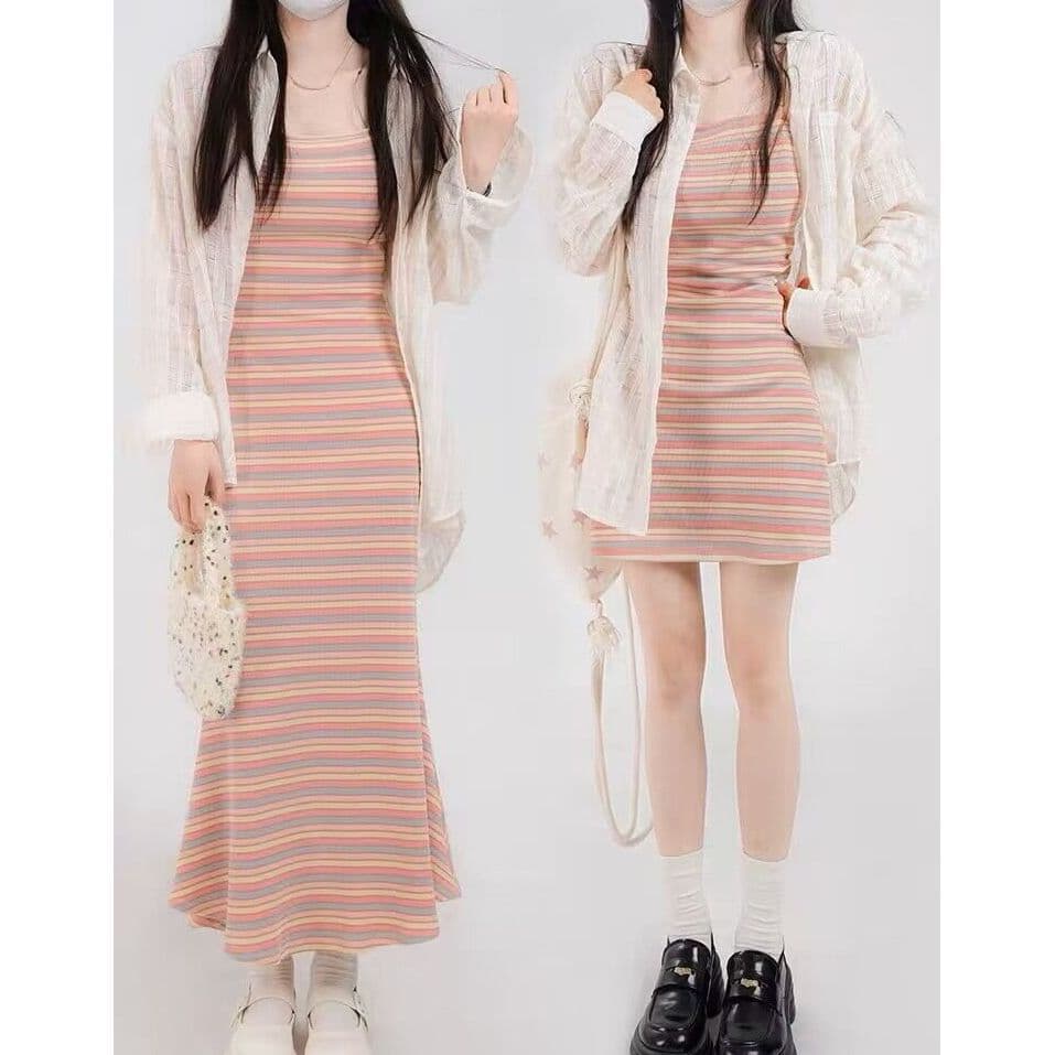ボーダー服 優美なリブボーダーワンピース