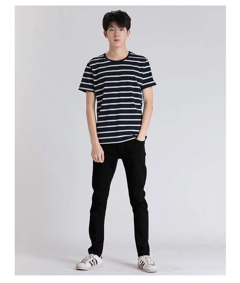 しなやかな縞模様クルーネック半袖Tシャツ ボーダー服