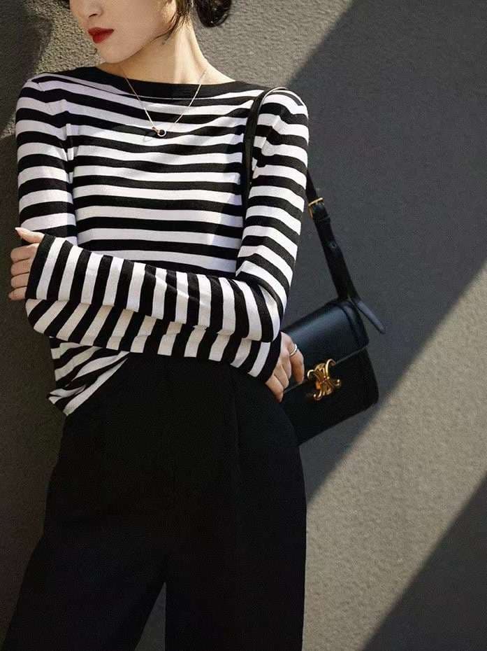 シンプルボーダーリブロングスリーブ ボーダー服