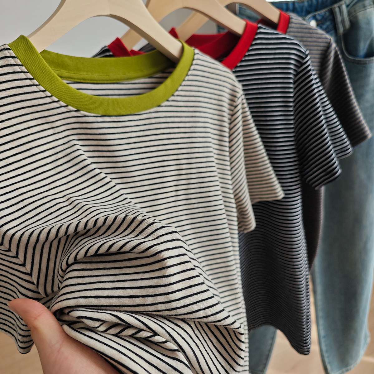 コントラスト襟 ボーダー柄 半袖Tシャツ ボーダー服