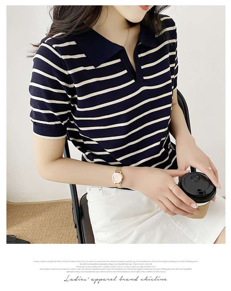 シンプル上品 夏のマリンスタイルポロシャツ ボーダー服