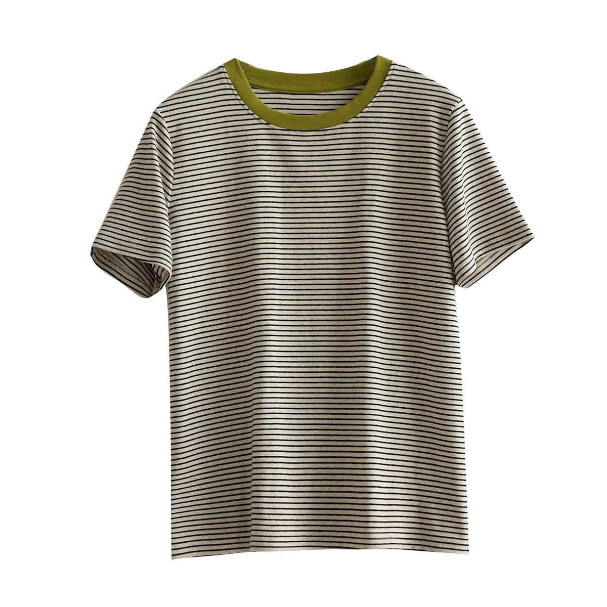 コントラスト襟 ボーダー柄 半袖Tシャツ ボーダー服