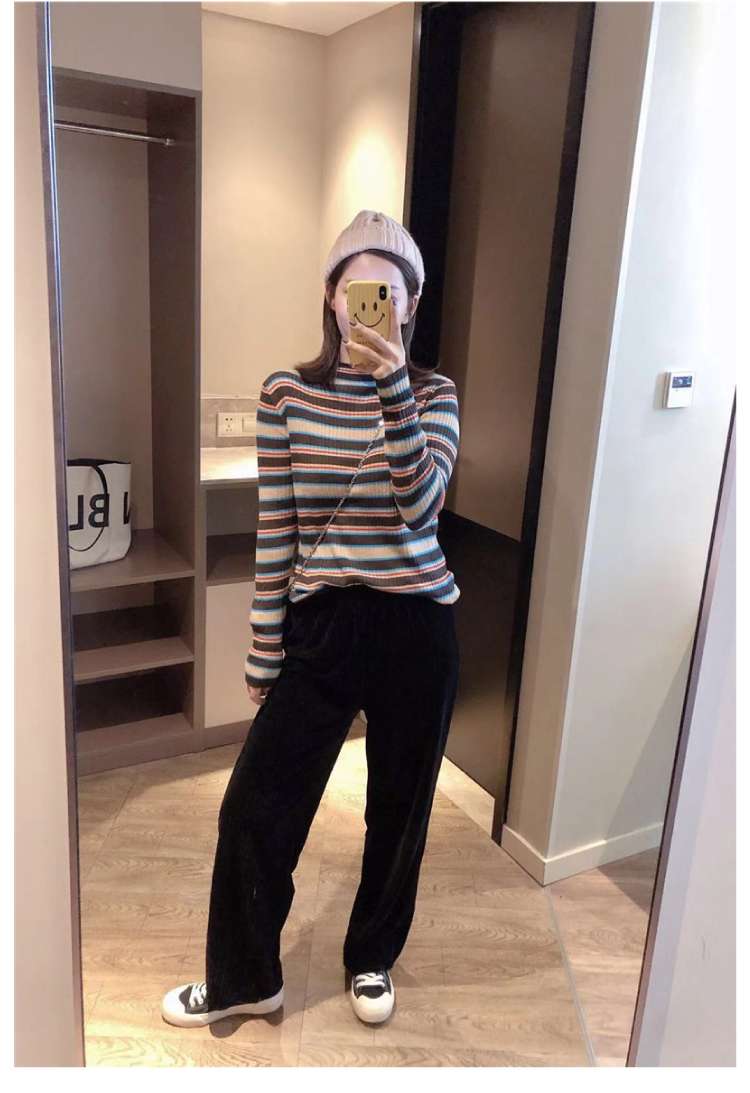 マルチボーダー柄リブニットタートルネック ボーダー服