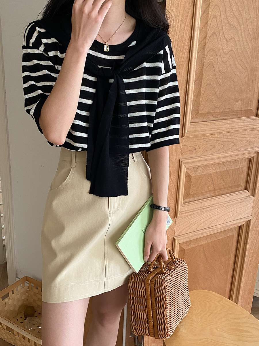 デザインリボン付きボーダーニット ボーダー服