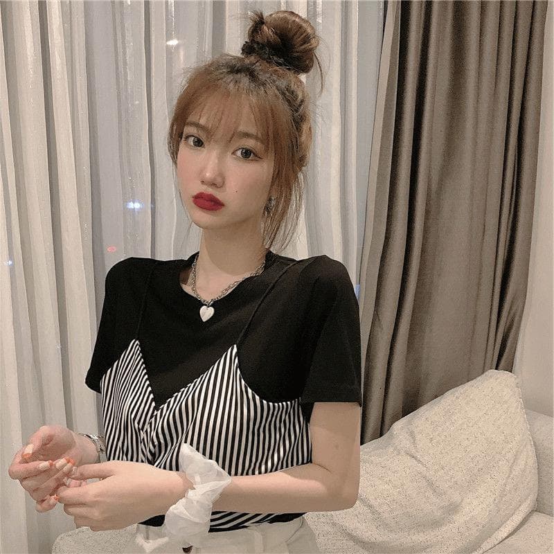 重ね着風ボーダーキャミレイヤードシャツ ボーダー服