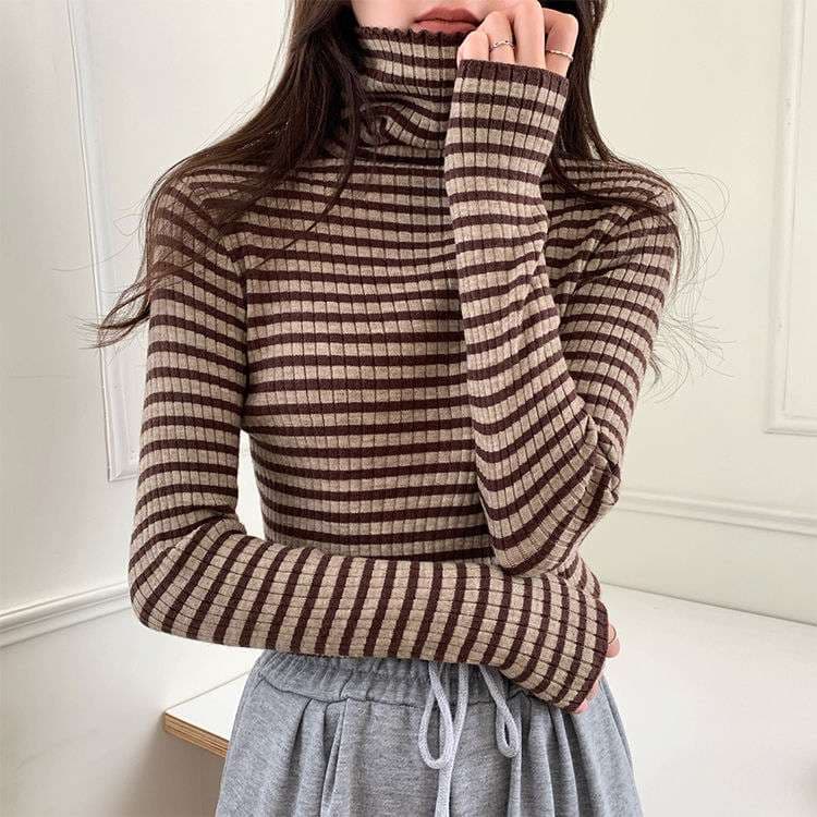 リブニット ボーダー タートルネック トップス ボーダー服