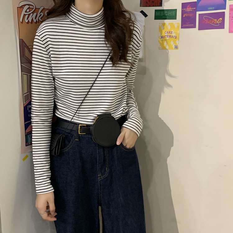 シンプルボーダータートルネック長袖トップス ボーダー服