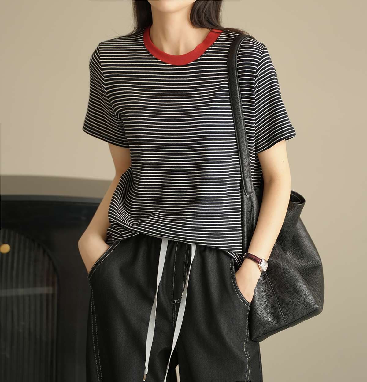 コントラスト襟 ボーダー柄 半袖Tシャツ ボーダー服