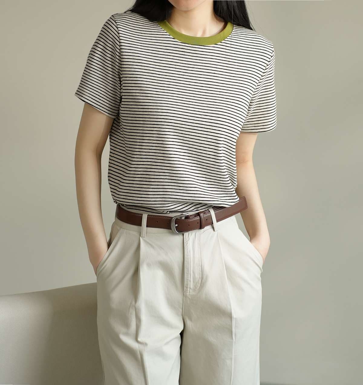 コントラスト襟 ボーダー柄 半袖Tシャツ ボーダー服