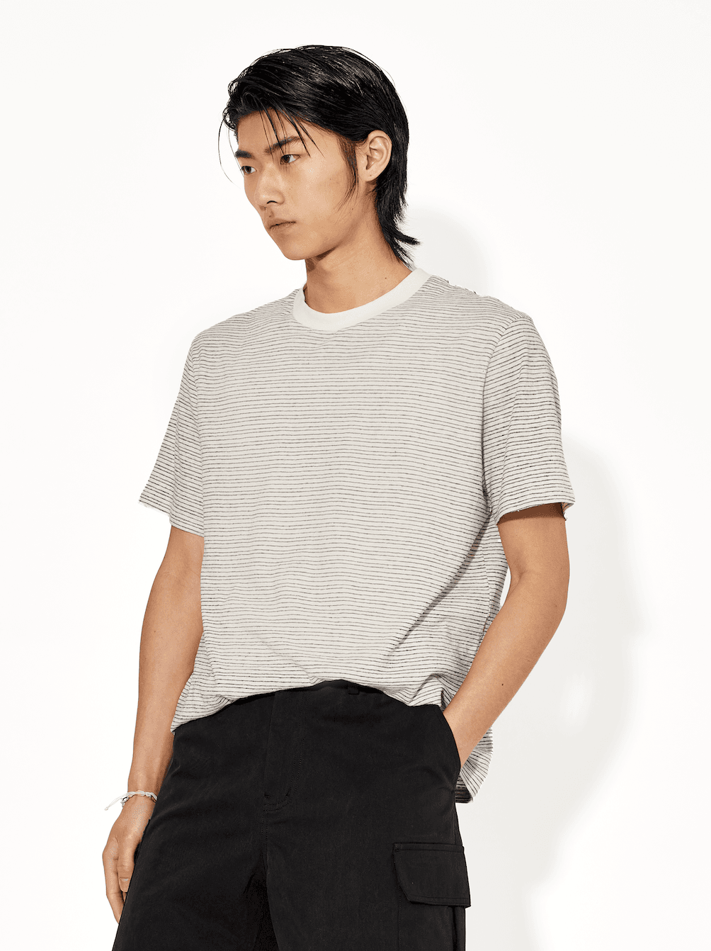 細ボーダー柄サマーニットTシャツ ボーダー服