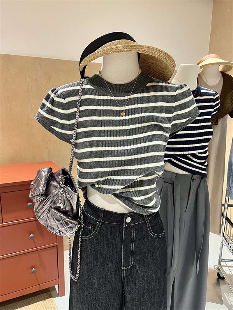 ーダー半袖ニットトップス　Tシャツ・ロンT ボーダー服