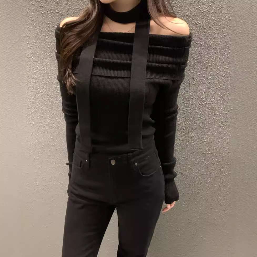 オフショルダー ボーダー リブニット ボーダー服