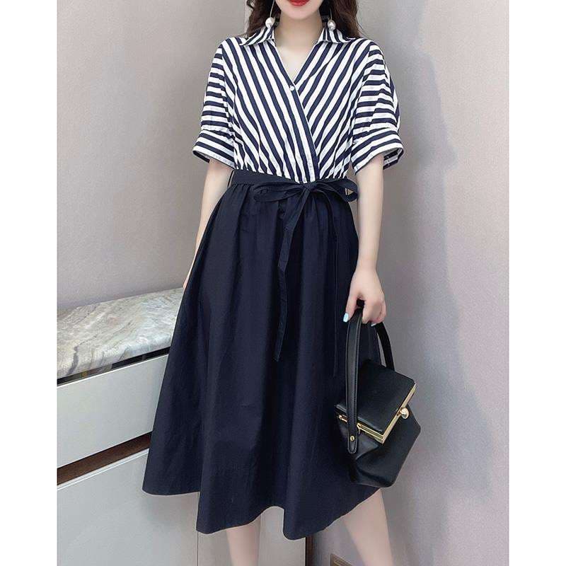 ストライプ柄ラップ風シャツワンピース ボーダー服