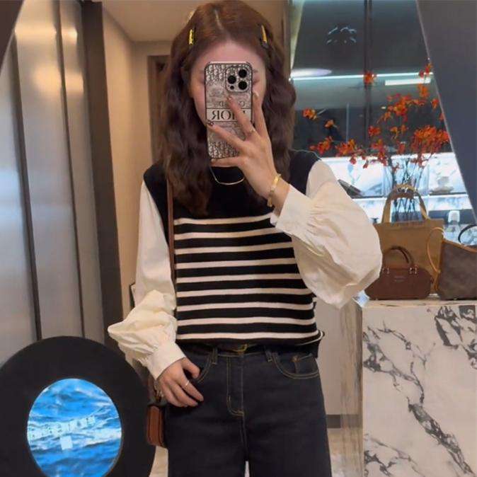 バルーン袖ボーダーニットベストシャツ ボーダー服