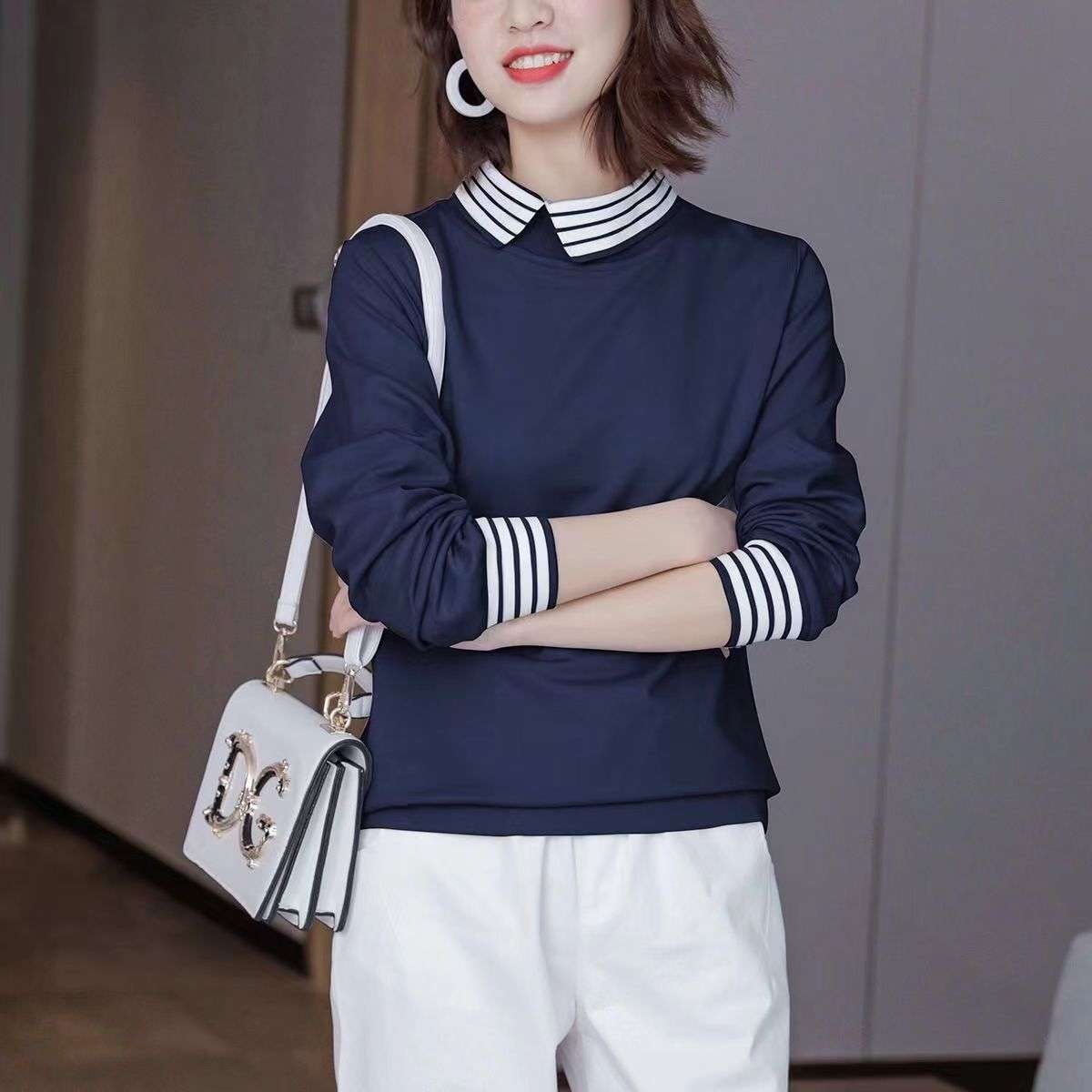 モダンストライプ襟デザイン長袖トップス ボーダー服