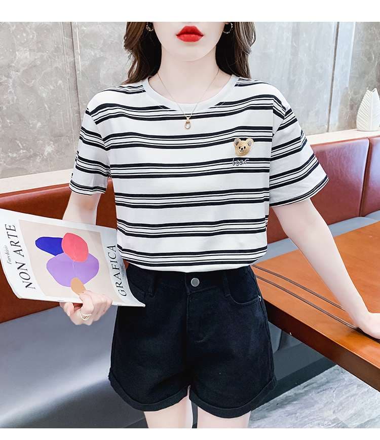 クマ刺繍入りボーダーゆるTシャツ ボーダー服