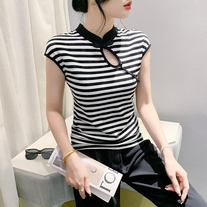 チャイナカラーボーダートップス ボーダー服