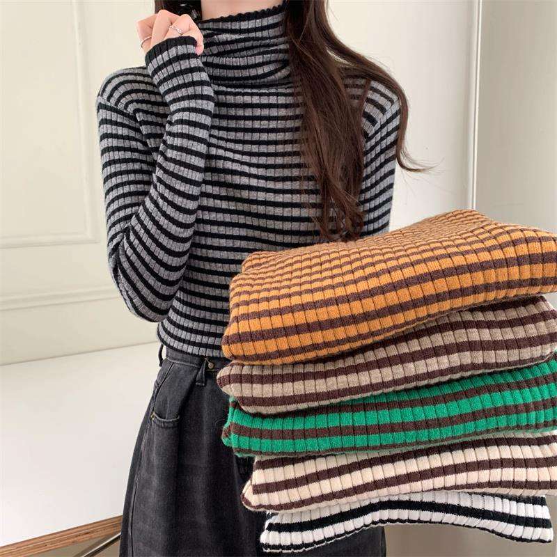 リブニット ボーダー タートルネック トップス ボーダー服