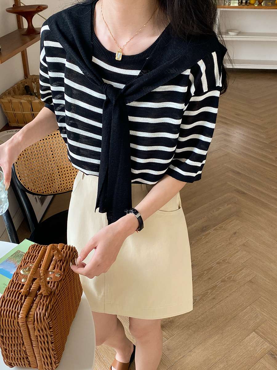 デザインリボン付きボーダーニット ボーダー服