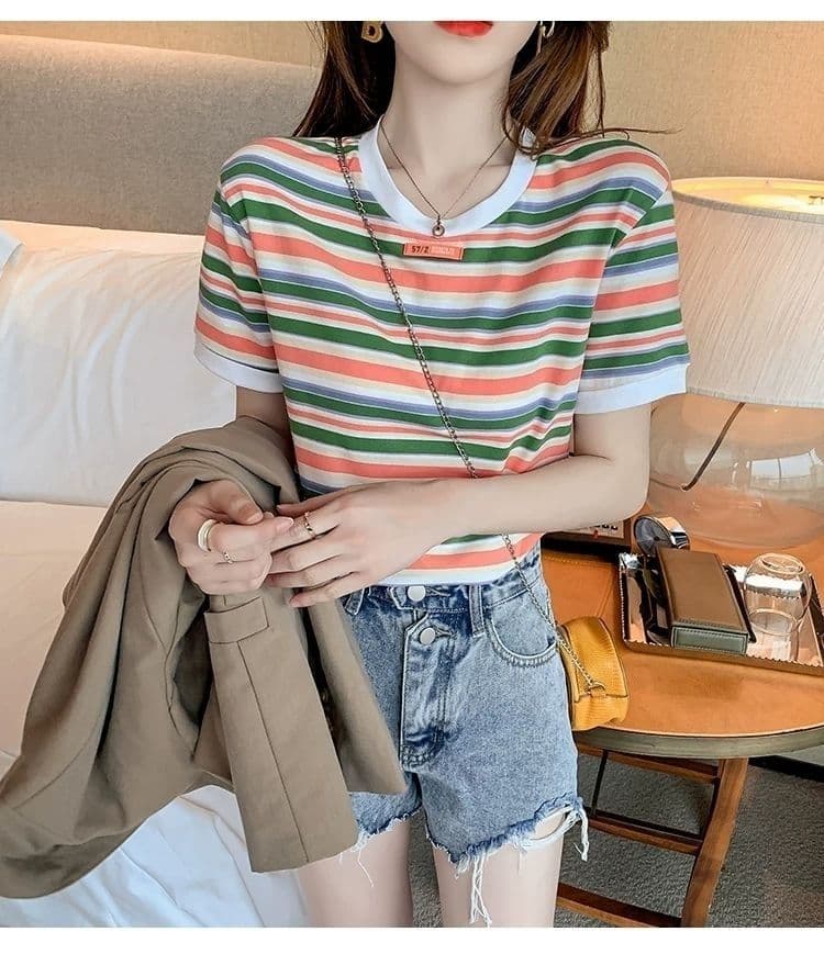 ボーダー服 爽やかマルチボーダーリブ付き半袖