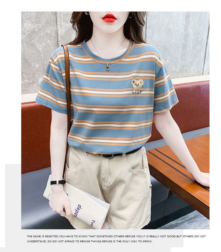 クマ刺繍入りボーダーゆるTシャツ ボーダー服