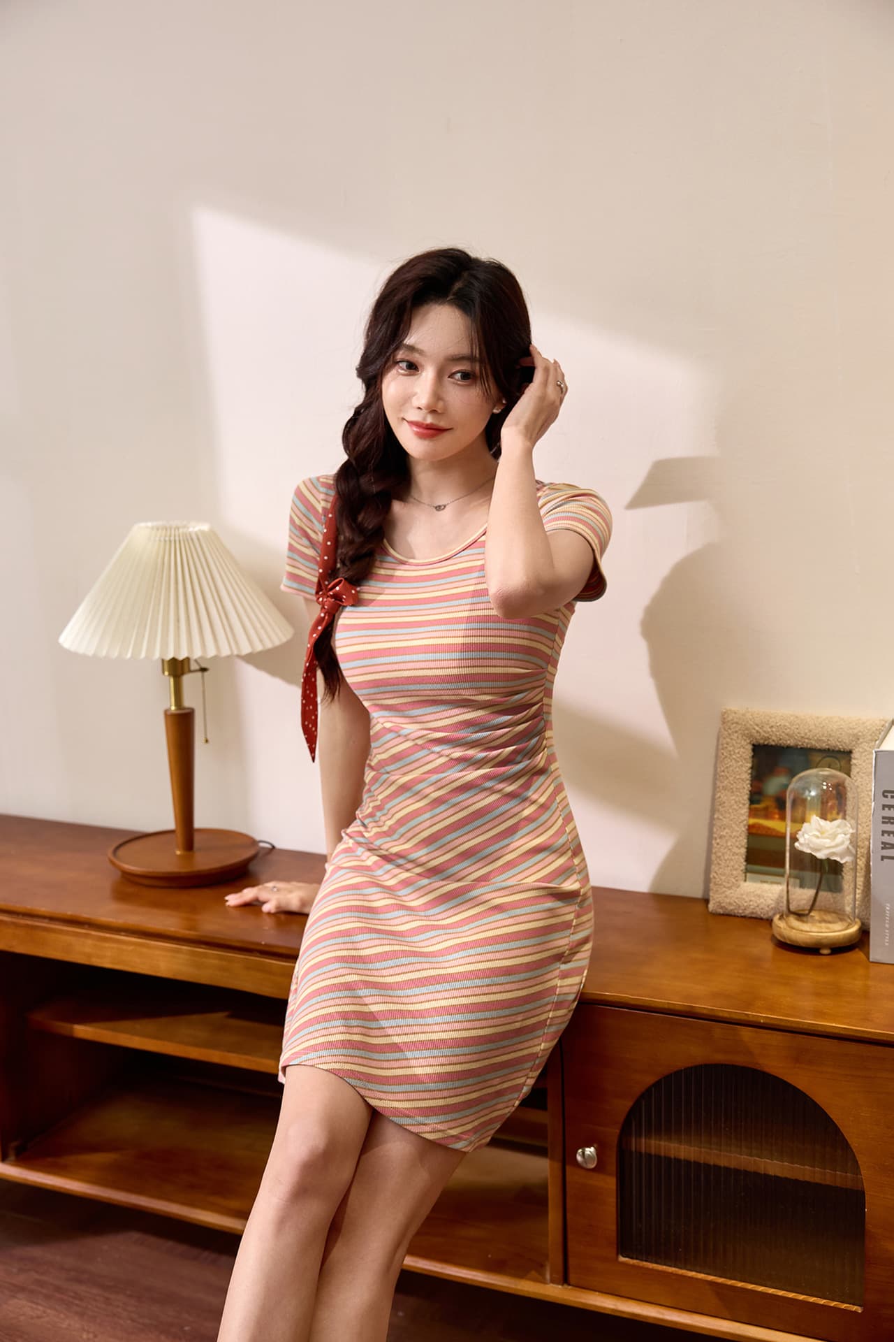 ボーダー服 優美リブ編みボーダーワンピース