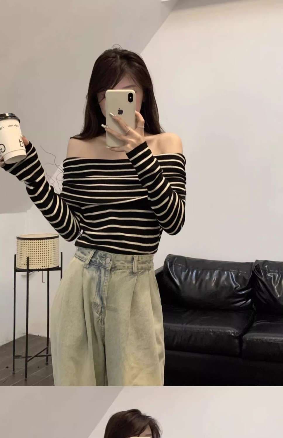 オフショルダーニットボーダーセーター ボーダー服