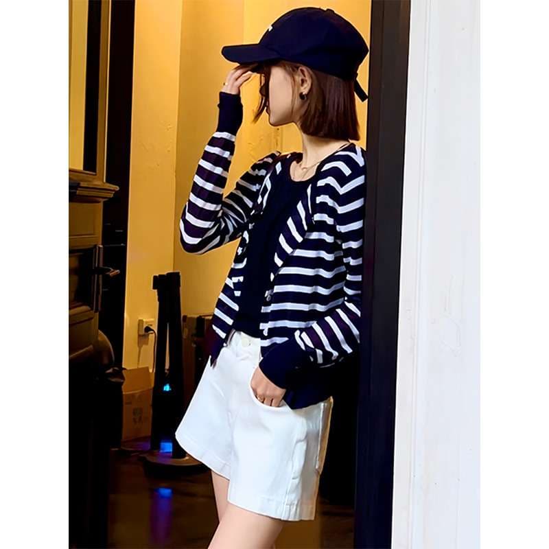 涼やかボーダーニットカーディガン ボーダー服