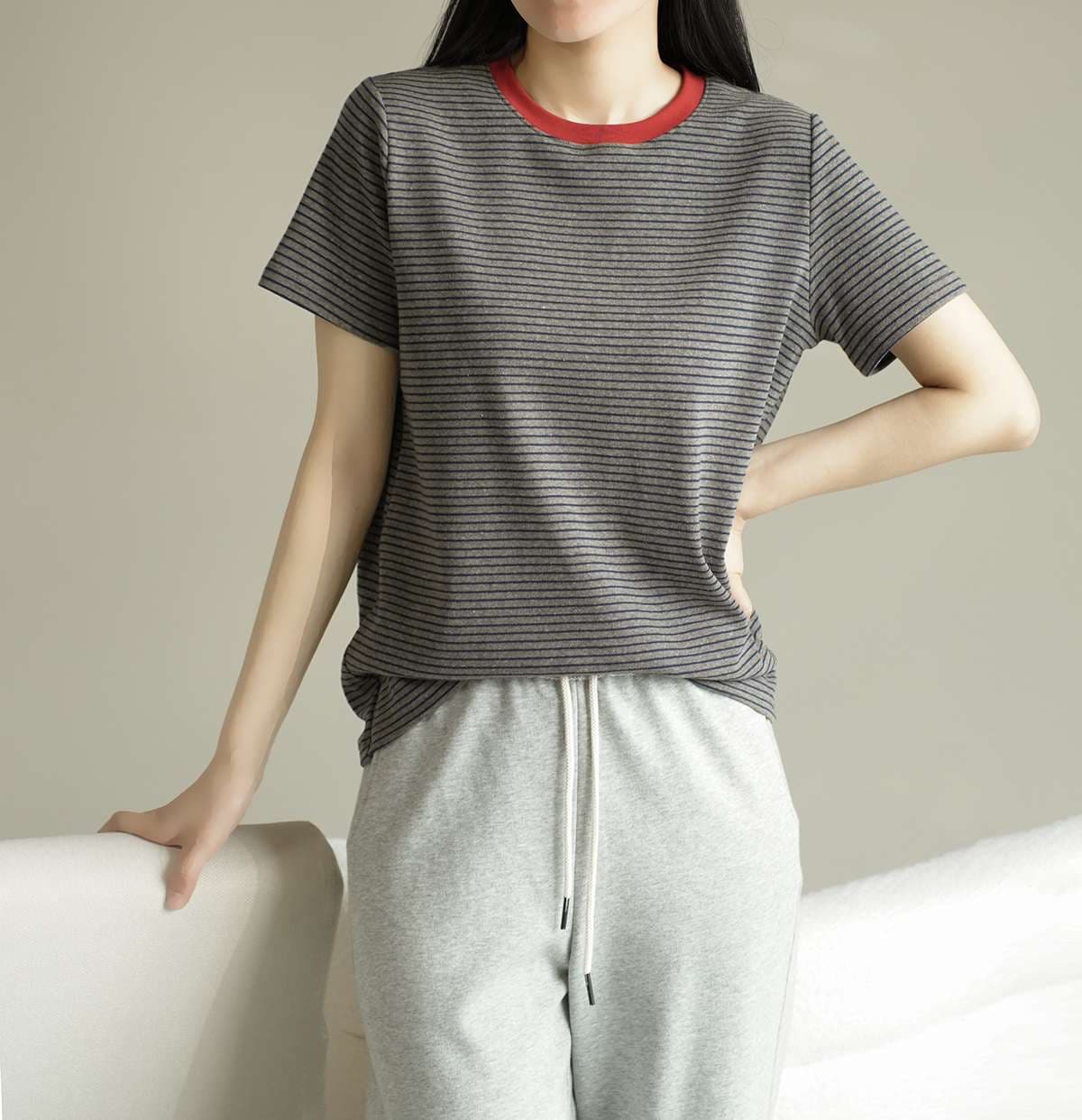 コントラスト襟 ボーダー柄 半袖Tシャツ ボーダー服