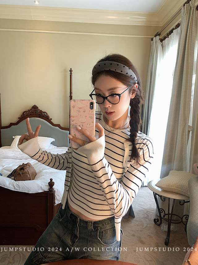 細ボーダーゆったりリブニット ボーダー服