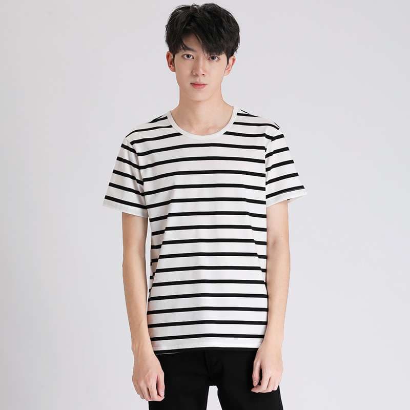 しなやかな縞模様クルーネック半袖Tシャツ ボーダー服