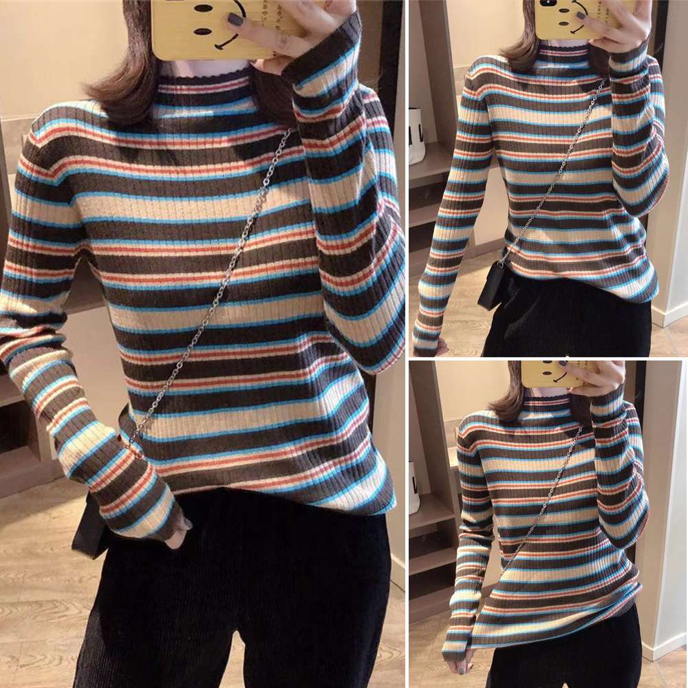 マルチボーダー柄リブニットタートルネック ボーダー服