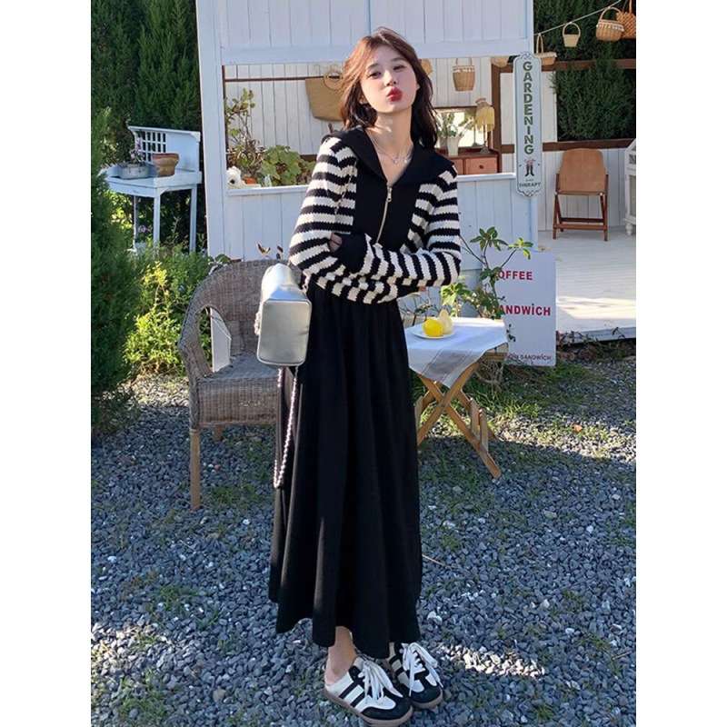 ボーダーニット長袖ジッパーワンピース ボーダー服