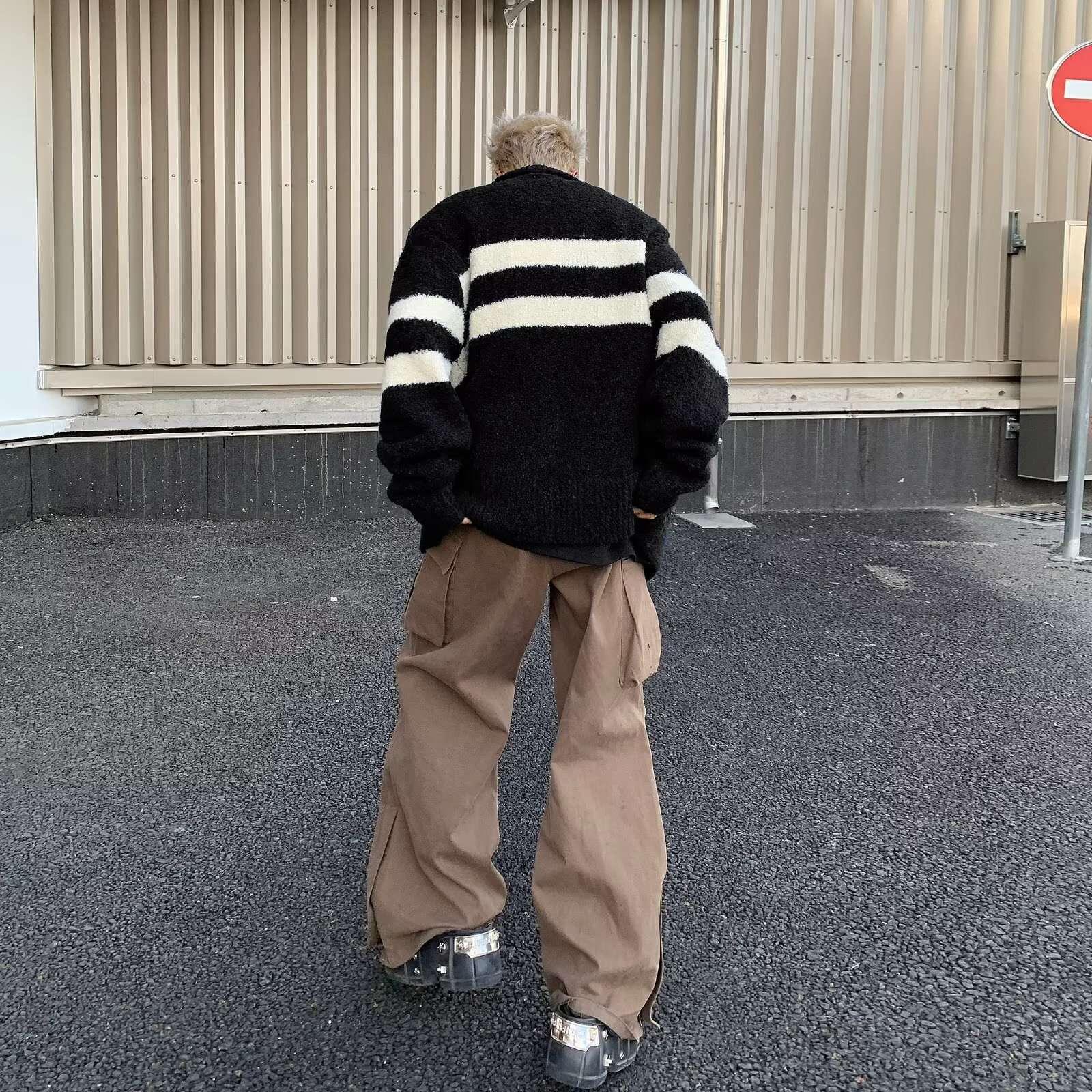 モコモコボーダーニットカーディガン ボーダー服