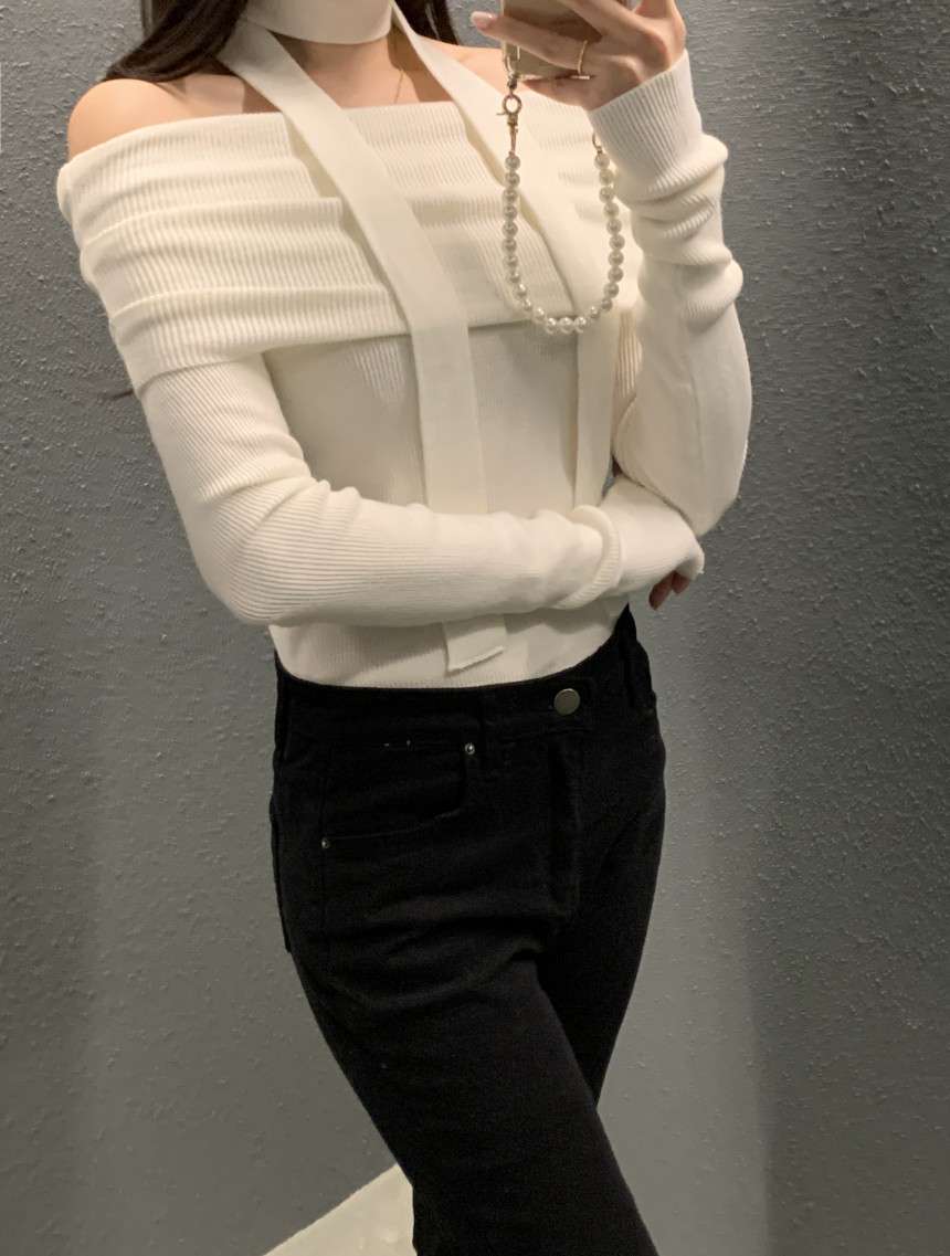 オフショルダー ボーダー リブニット ボーダー服