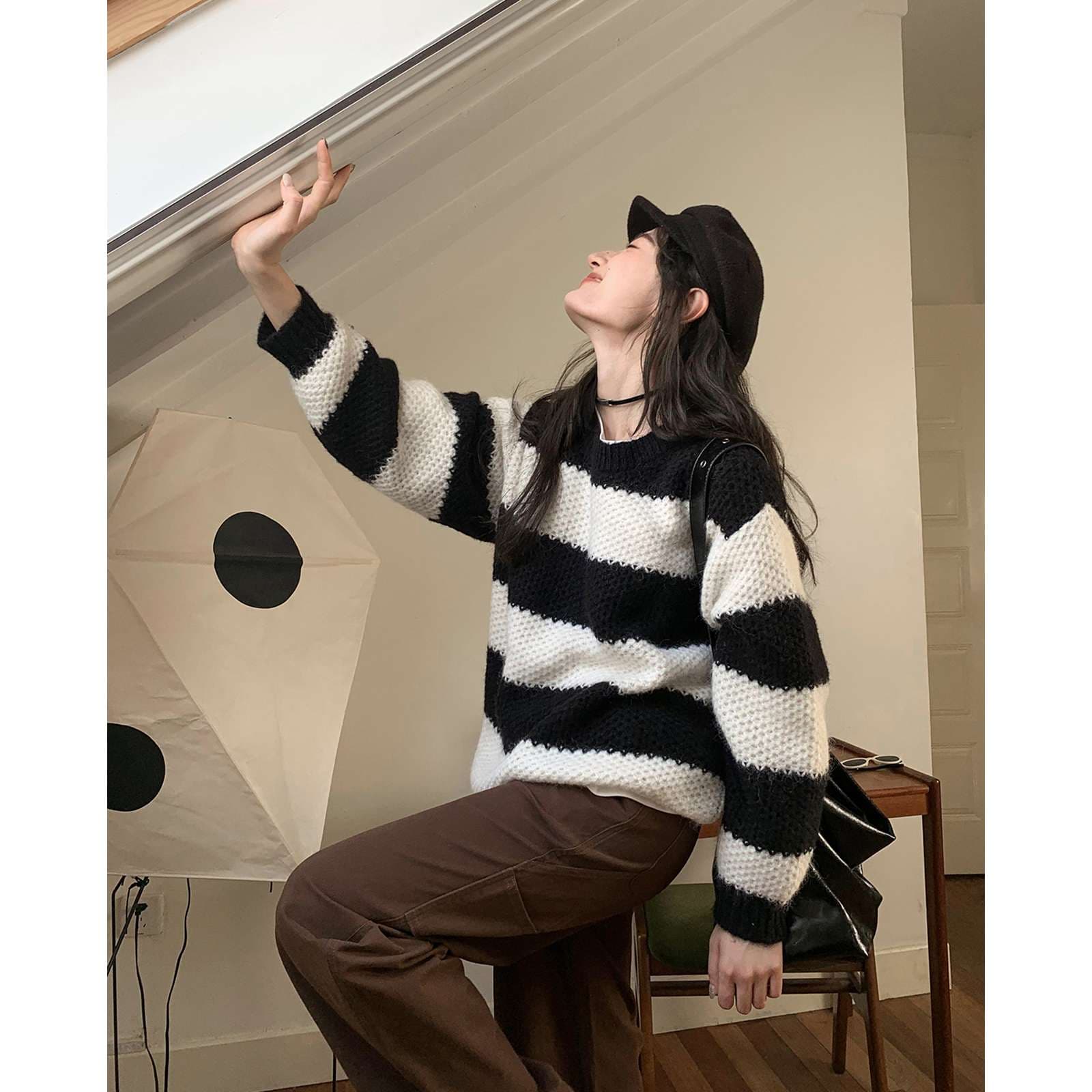 ボーダーニットの休日コーデ ボーダー服